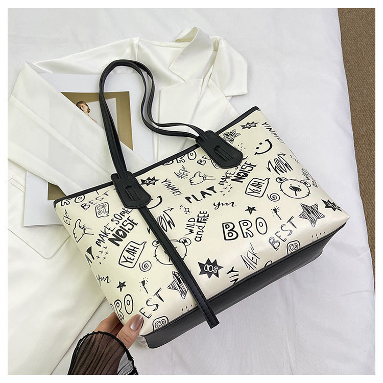 Contrast Color Big Female Cute Cartoon Printed Easy Matching Large Bags