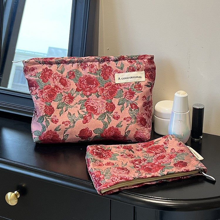 Women's Retro Dark Red Flower Jacquard Fabric Makeup Bag