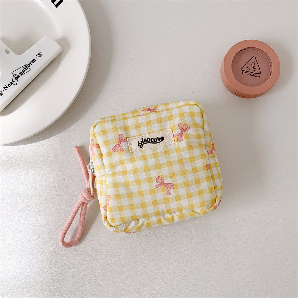 Women's Plaid Bowknot Portable Out Sanitary Napkin Storage Makeup Bag