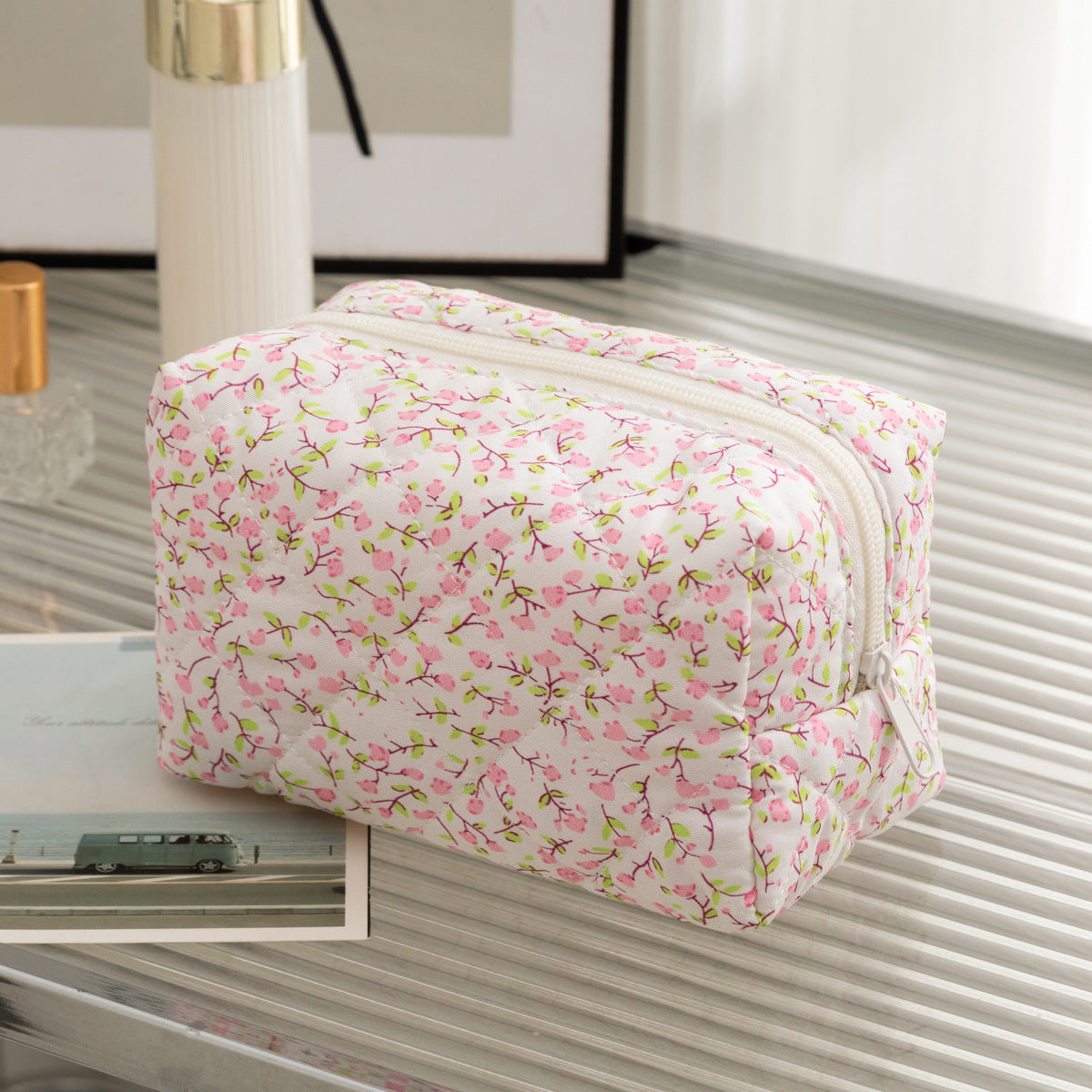 Floral Quilted Toiletries Portable Cosmetics Storage Makeup Bag