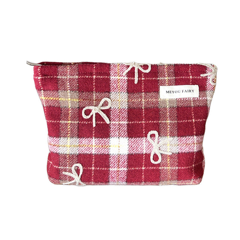 Embroidered Bow Plaid Valentine's Day Gift Wash Makeup Bag