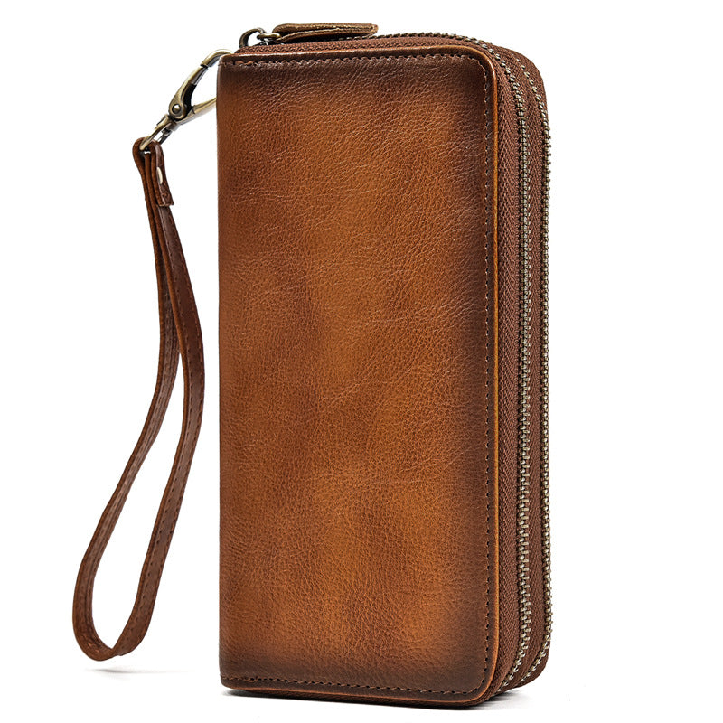 Men's Crazy Horse Leather Long Real Zipper Cowhide Clutch Men's Wallet