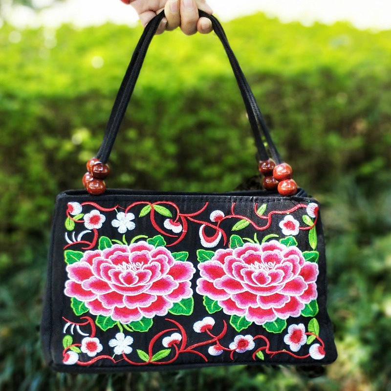 Style Double Sided Embroidery Wooden Bead Layer Zipper Portable Handbags