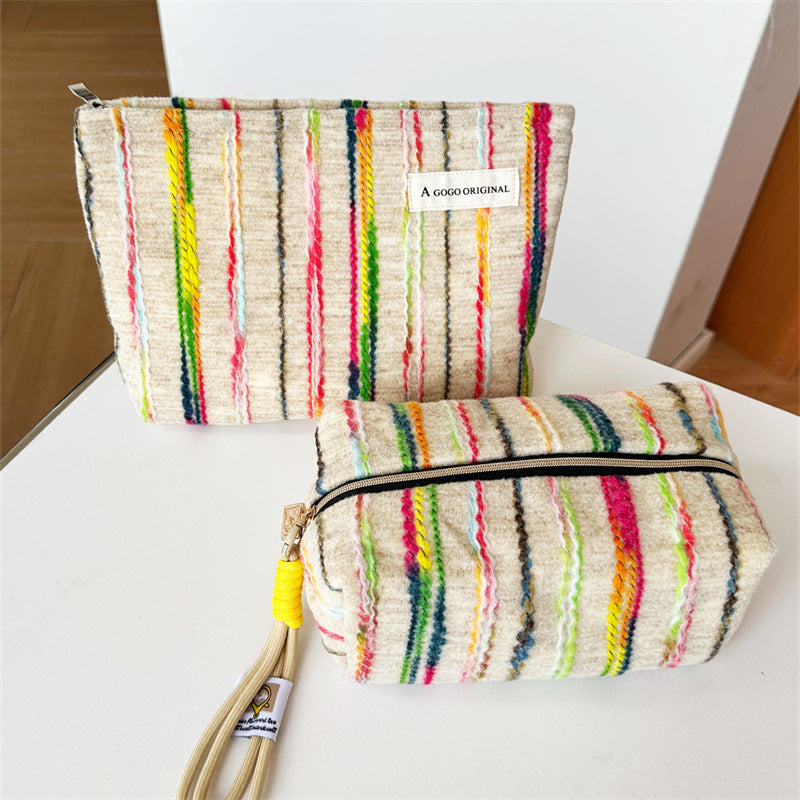 Striped Contrast Color Korean Style Canvas Three-dimensional Commuter Large Capacity Makeup Bag