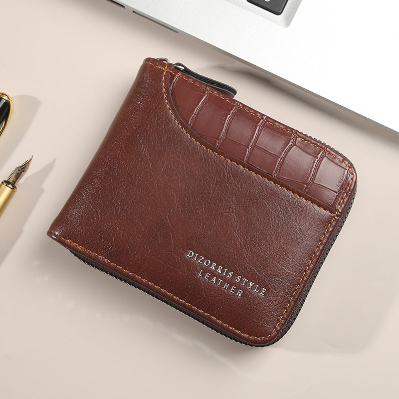 Men's Short Horizontal Zipper Vintage Cubic Men's Wallet