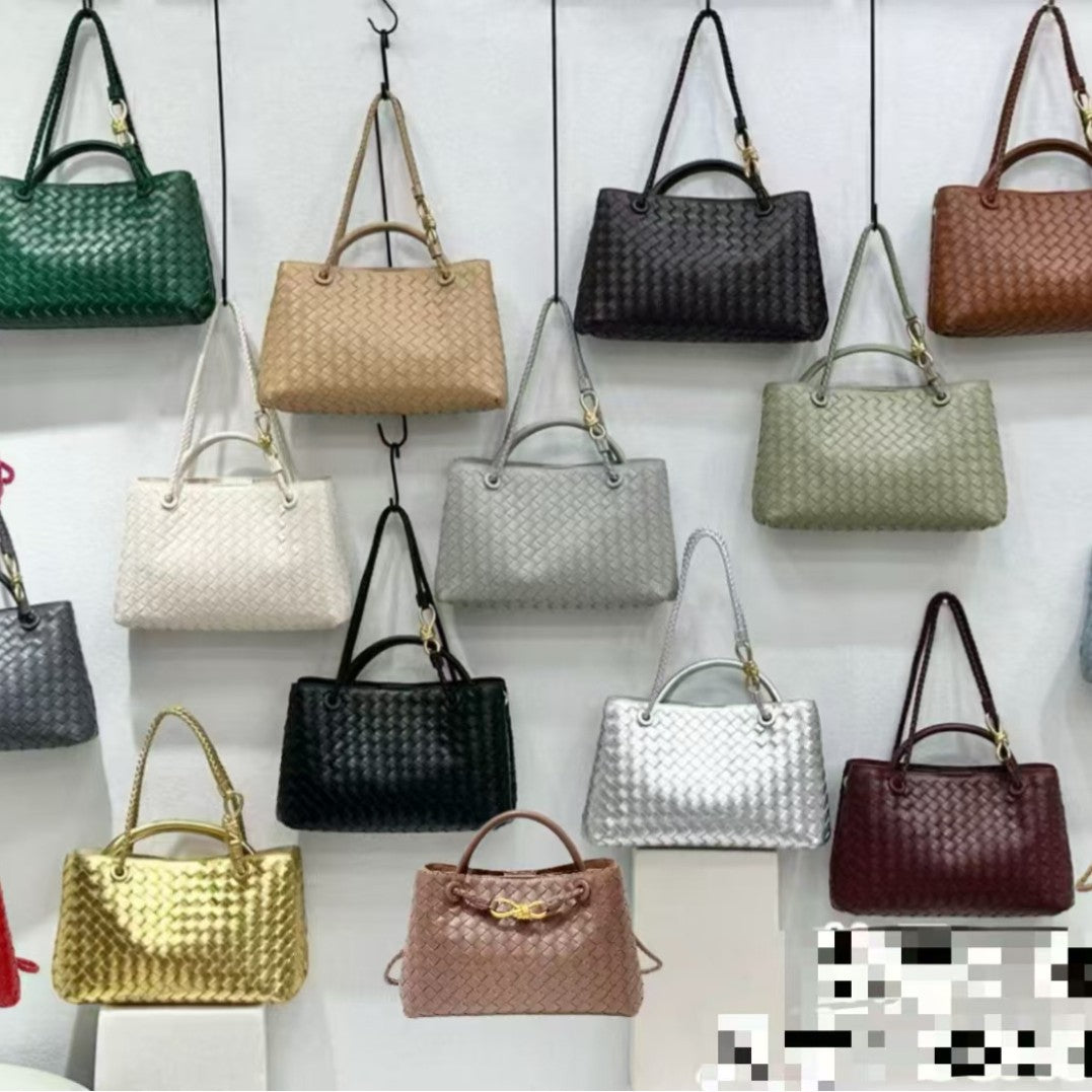 Women's Genuine Leather Metal Cord Fastener Woven Handbags