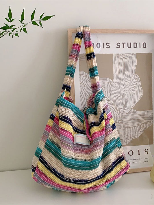 Women's Wool Knitted Contrast Color Rainbow Striped Shoulder Bags