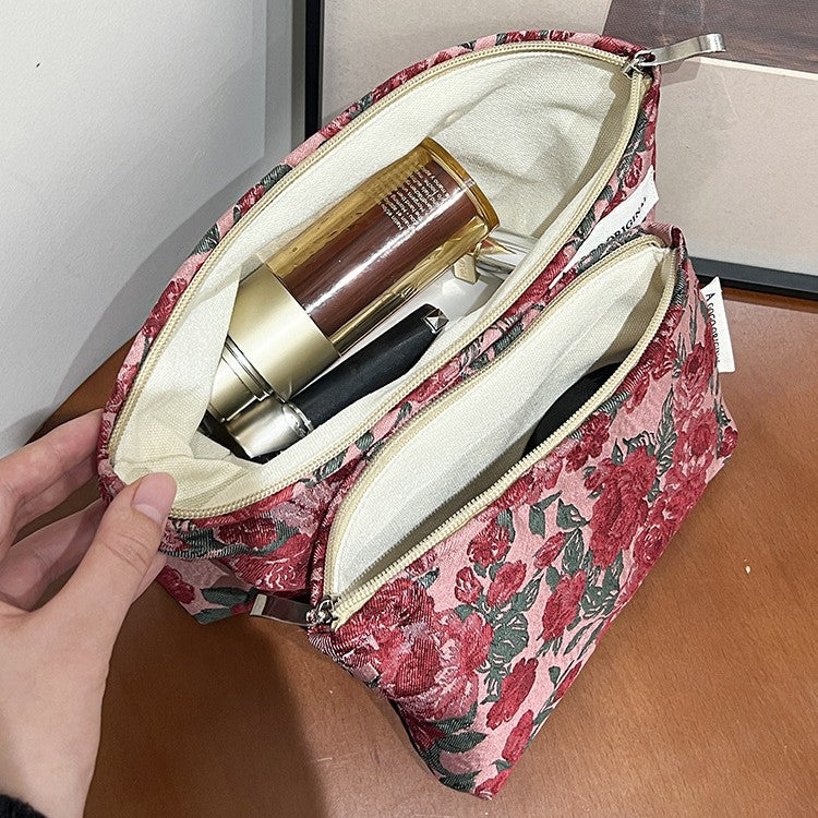 Women's Retro Dark Red Flower Jacquard Fabric Makeup Bag