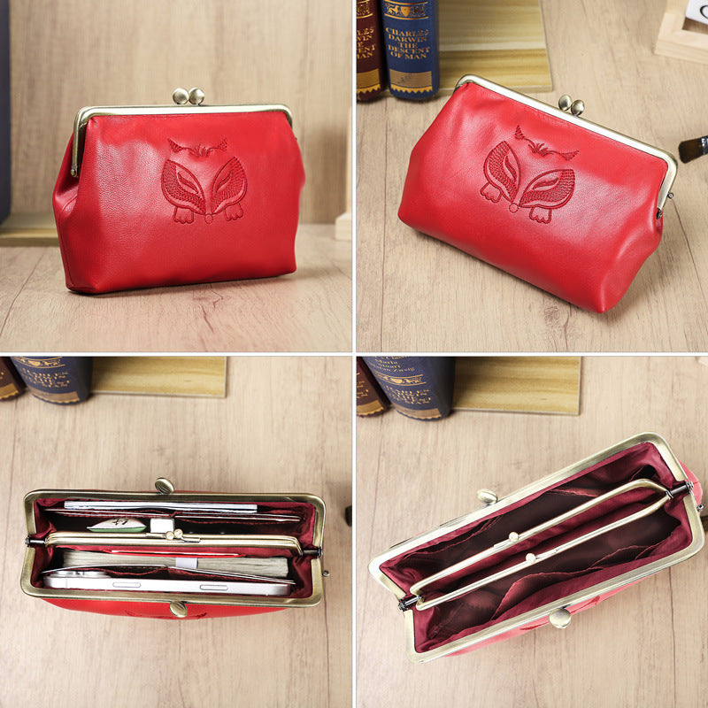 Women's Black Angel Full Grain Sheepskin Double Iron Hinge Embroidered Makeup Bag