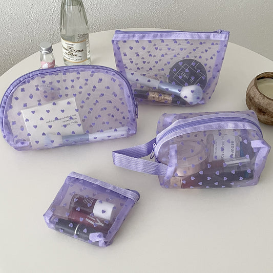 Flocking Mesh Love Portable Breathable Transparent Cosmetic Bags