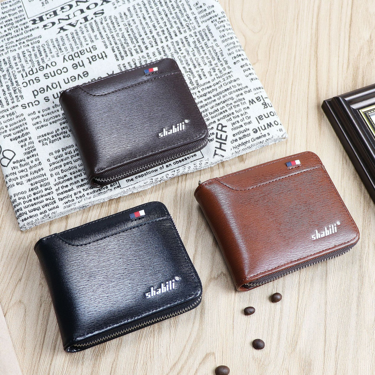 Men's Short Business Green Zipper Oil Wax Leather Men's Wallet