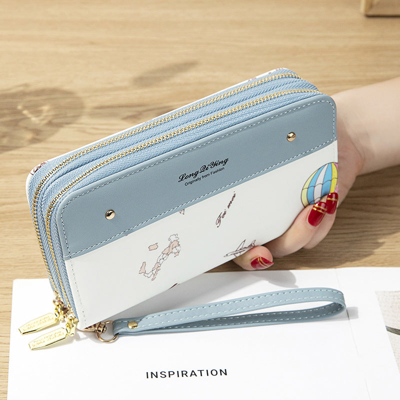 Women's Long Double Zipper Mobile Rivet Soft Ladies Wallets