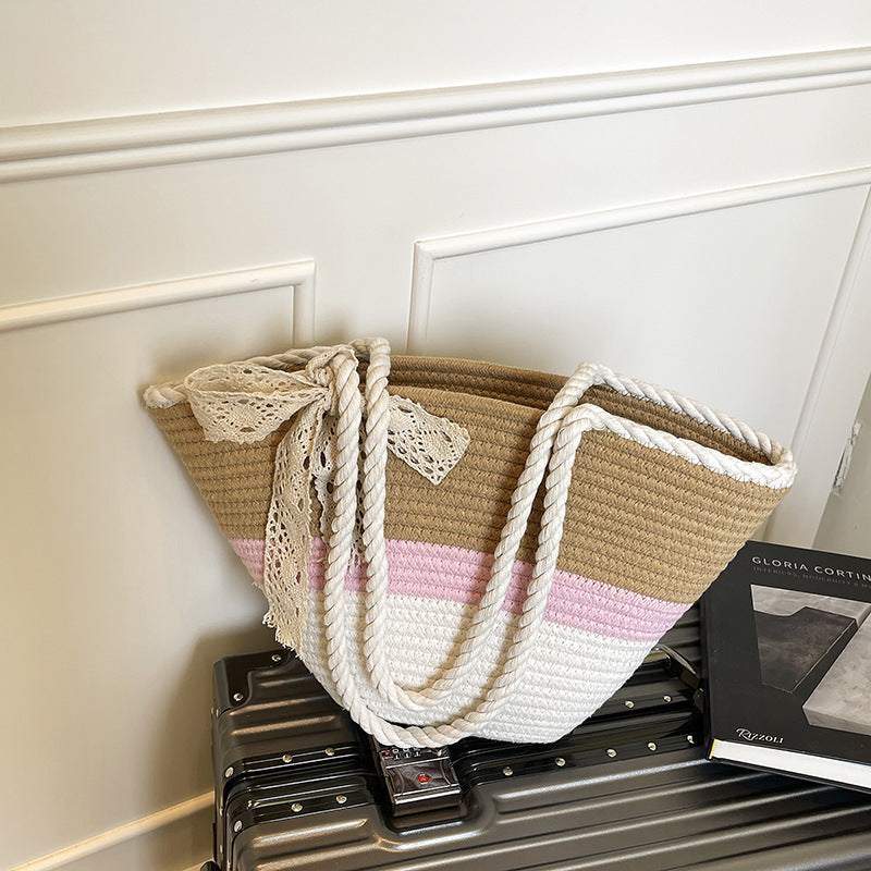 Summer Contrast Color Vacation Beach Mori Leisure Striped Large Capacity Women's Shoulder Bag
