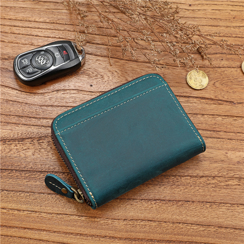 Men's Crazy Horse First Layer Cowhide Short Leather Zipper Simple Driving Purses