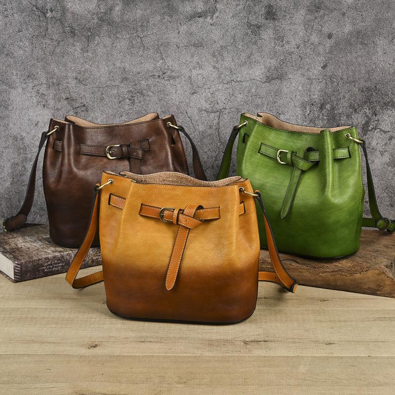 Women's First Layer Cowhide Solid Color Handmade Brushed Chinese Women's Shoulder Bag