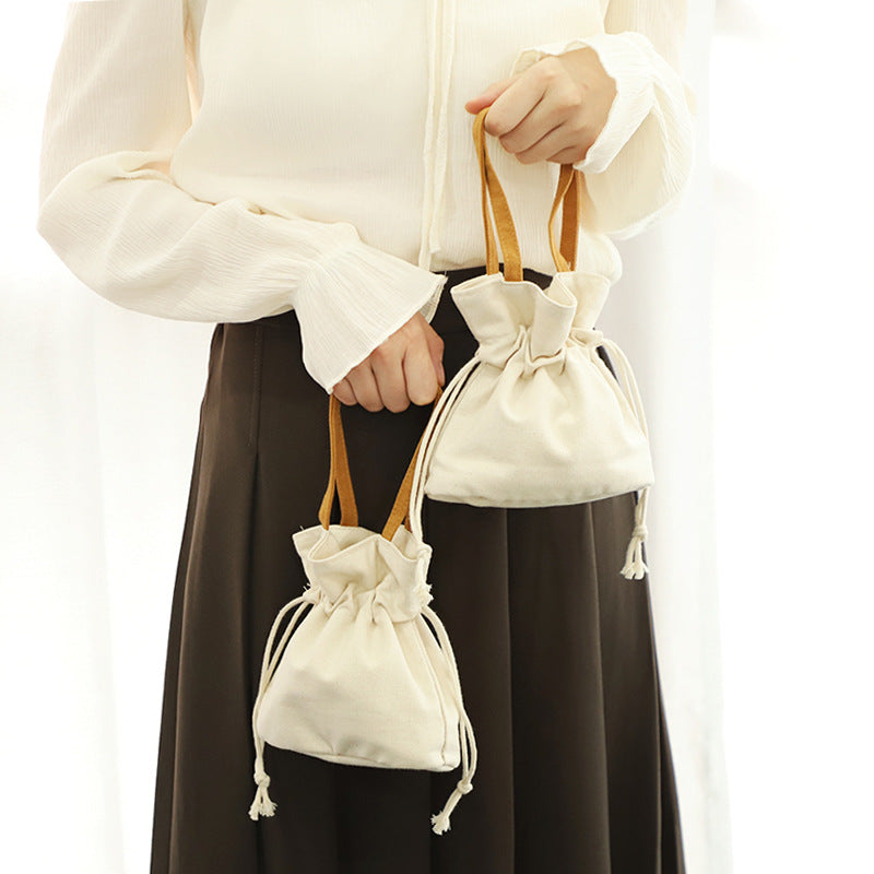 Pure Color Fresh Literary Canvas Simple Drawstring Hand Handbags
