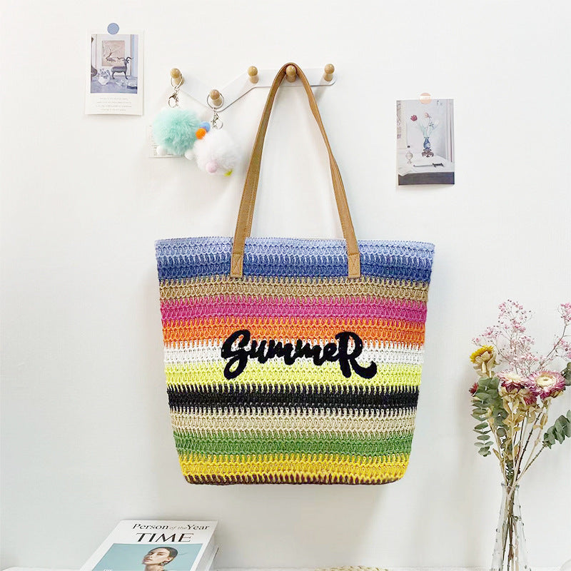 Women's Straw Shopping Striped Letters Beach Handbags