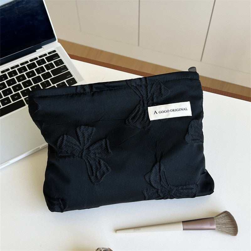 Solid Color Large Capacity Portable Liner Bow Makeup Bag