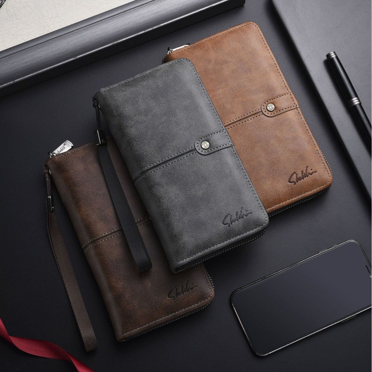 Men's Long Leather Vintage Portable Versatile Mobile Phone Bags