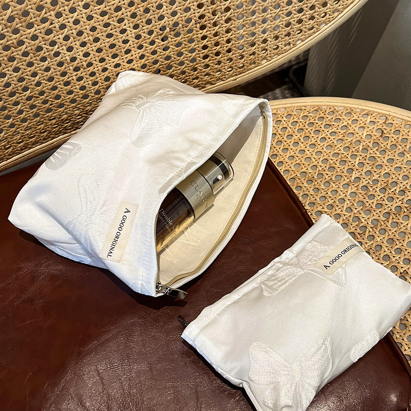 Solid Color Large Capacity Portable Liner Bow Makeup Bag