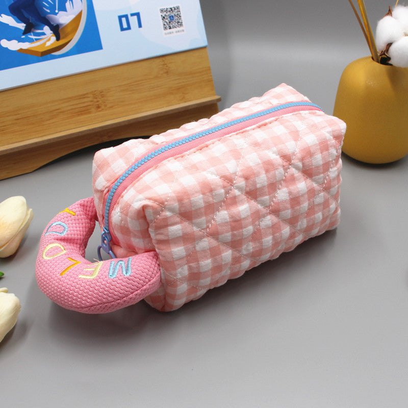 Women's Large Capacity Checked Cloth Pencil Embroidery Cotton Cosmetics Storage Makeup Bag