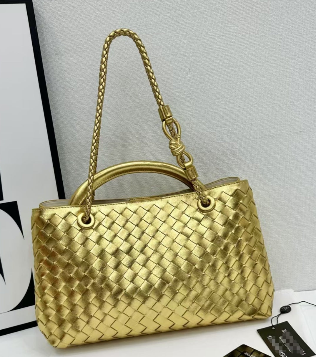 Women's Genuine Leather Metal Cord Fastener Woven Handbags