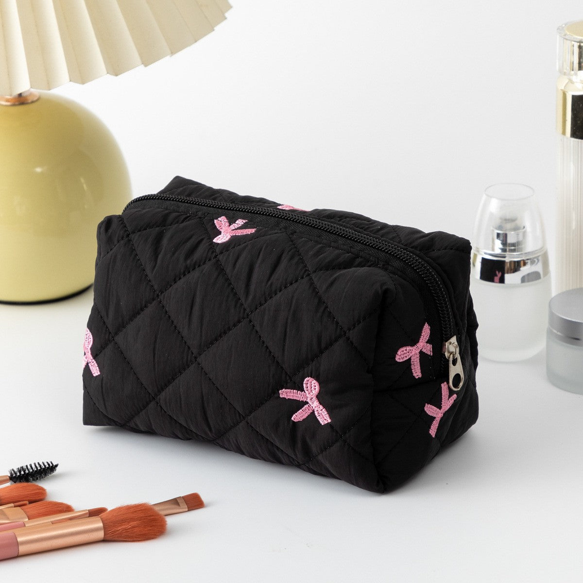 Floral Quilted Toiletries Portable Cosmetics Storage Makeup Bag