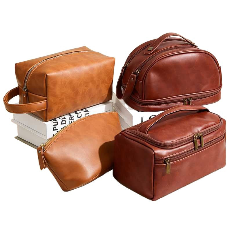 Crazy Horse Leather Large Capacity Portable Wash Makeup Bag
