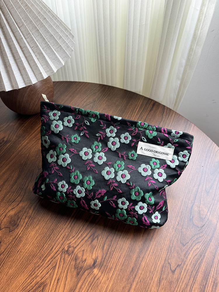Fresh Black Flower Portable Skin Care Buggy Canvas Cosmetic Bags