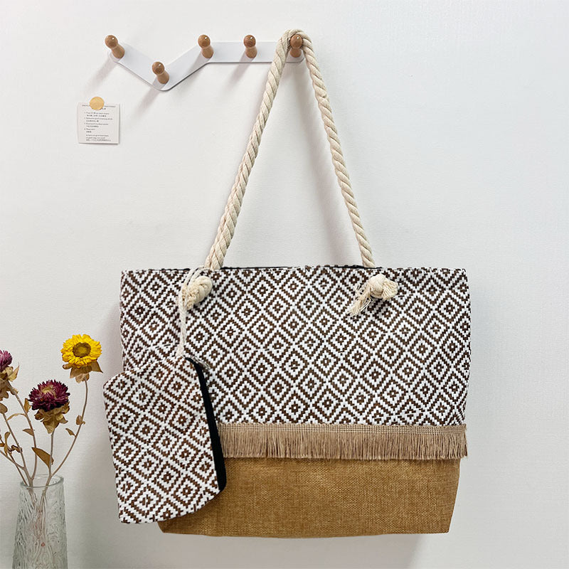Straw Mat Stitching Large Cotton String Women's Shoulder Bag