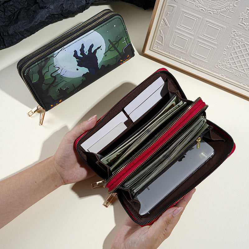 Trendy Printed Double Zipper Halloween Clutch Ladies Wallet