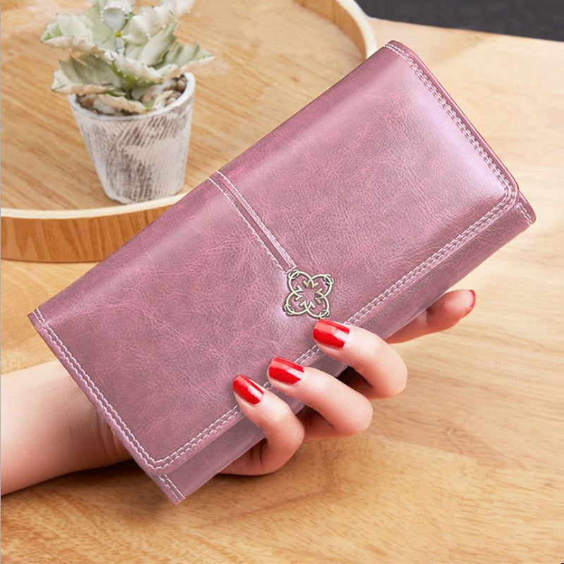 Female Long Retro Oil Waxed Leather Card Holder