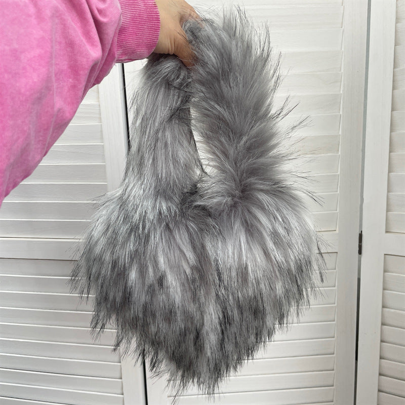 Children's Size Heart Imitation Raccoon Fur Plush Handbags