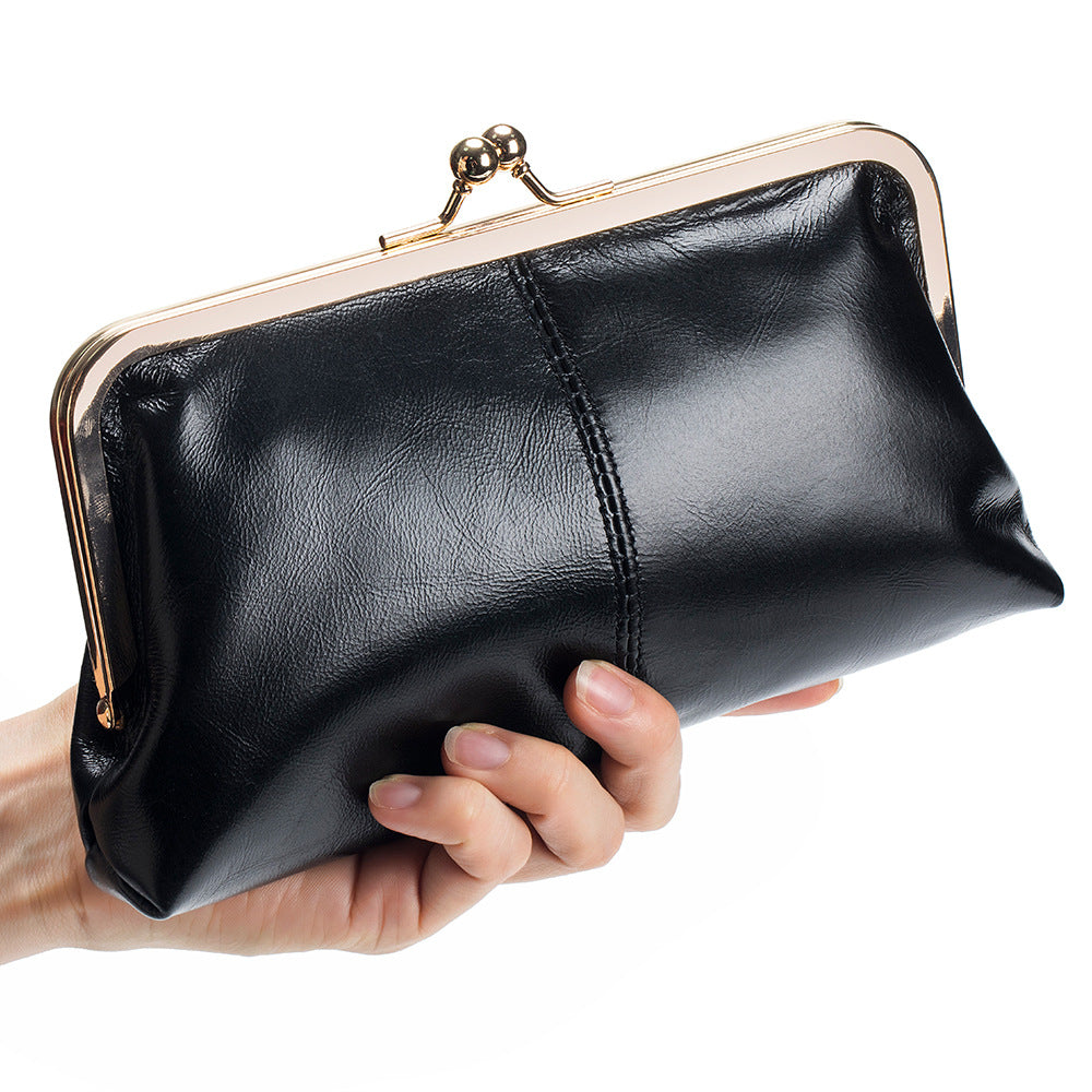 Genuine Leather Retro Clip Long Clutch Simple Frame Storage Handbags