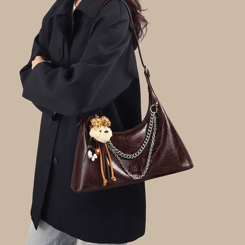 Style Brown Soft Leather Chain Doll Ornaments Retro Korean Women's Messenger Bag
