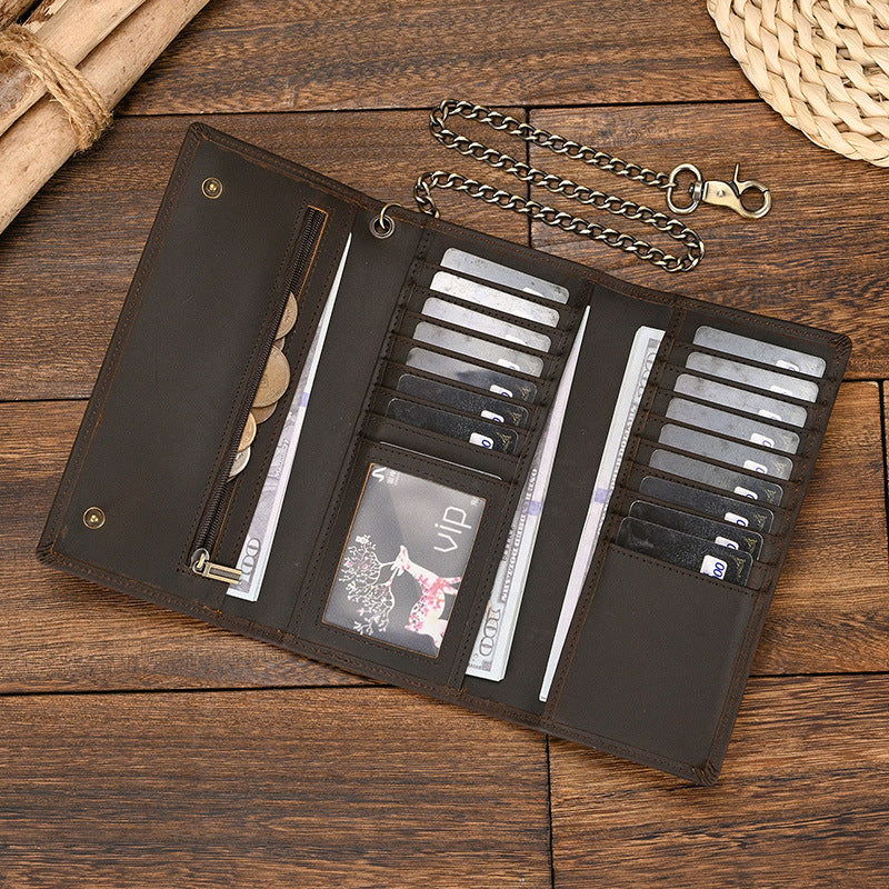 Men's Crazy Horse Leather Long Iron Chain Clutch Multi Men's Wallet
