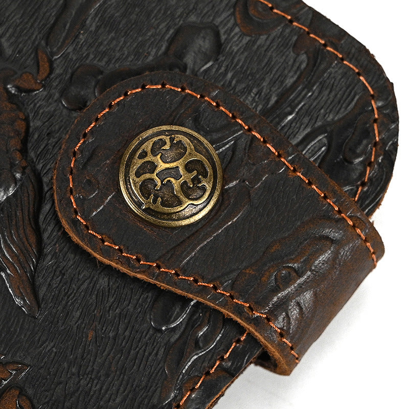 Men's Long Genuine Leather Crazy Horse Dragon Pattern Iron Chain Men's Wallet