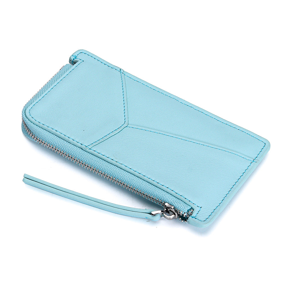 Women's Layer Cowhide Stitching Multiple Slots Zipper Coin Purses