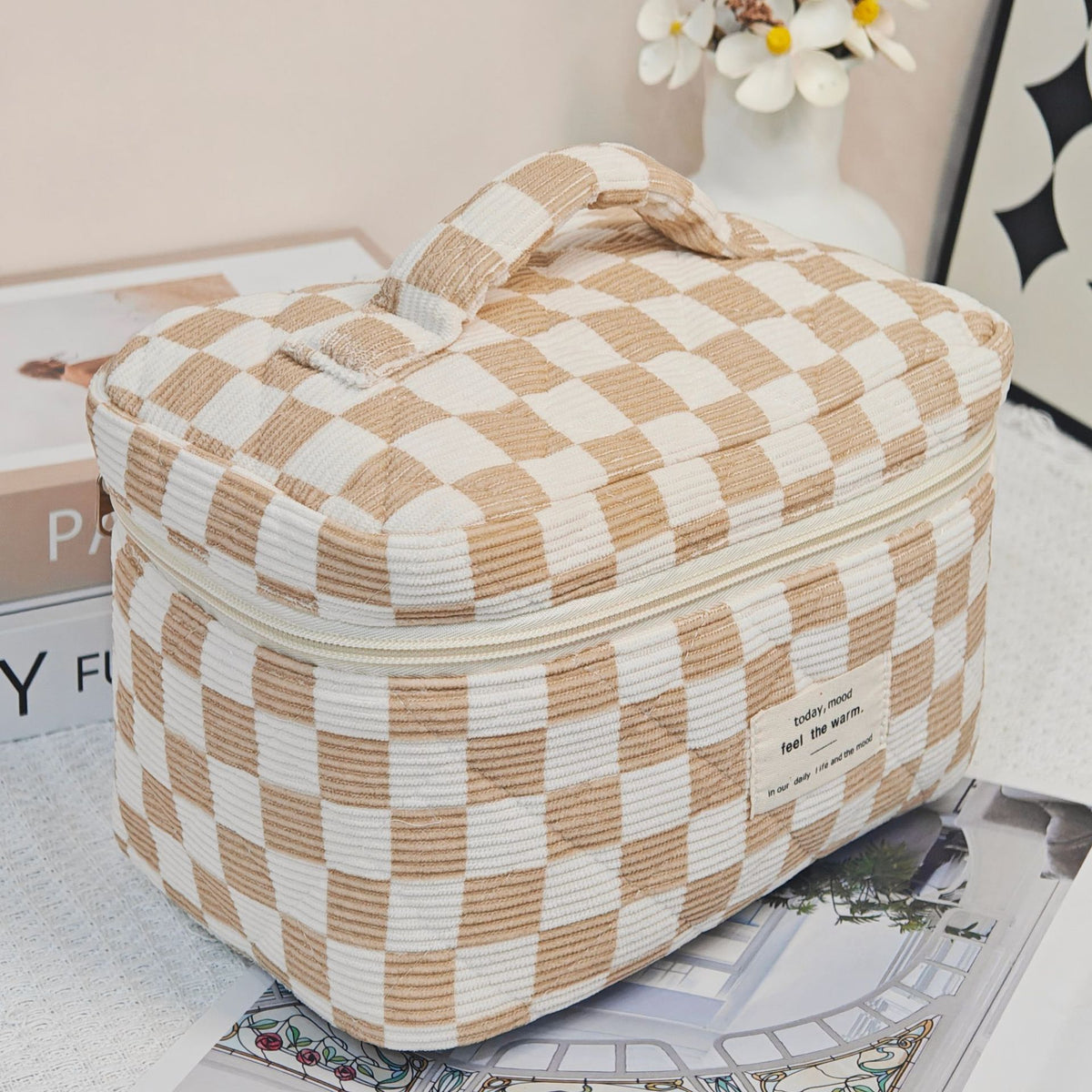 Wind Chessboard Plaid Knitted Large Capacity Portable Corduroy Makeup Bag