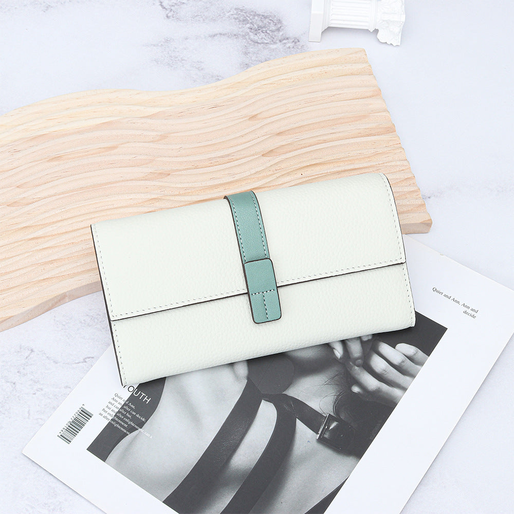 First Layer Cowhide Long Fashion Color Contrast Clutch Large Capacity Phone Bags