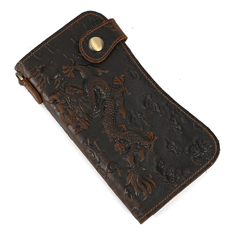 Men's Long Genuine Leather Crazy Horse Dragon Pattern Iron Chain Men's Wallet