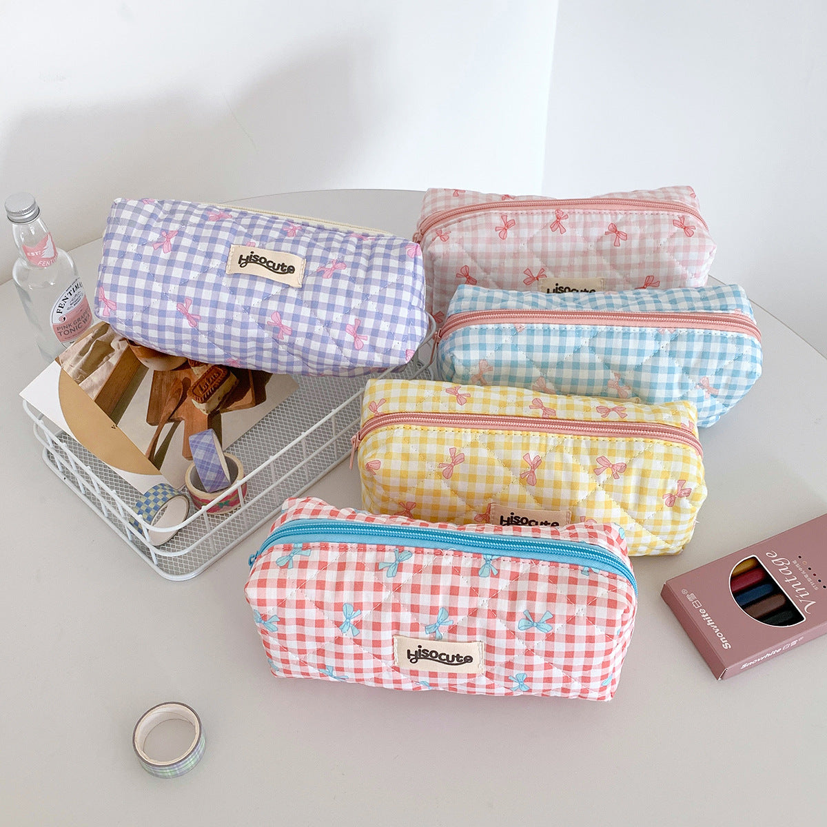 Bow Plaid Simple Good-looking Brush Assorted Storage Cosmetic Bags