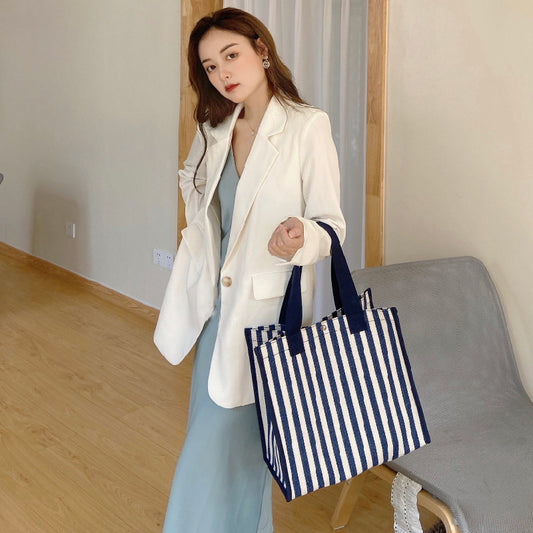 Striped Shopping Portable Thick Canvas Mom Handbags