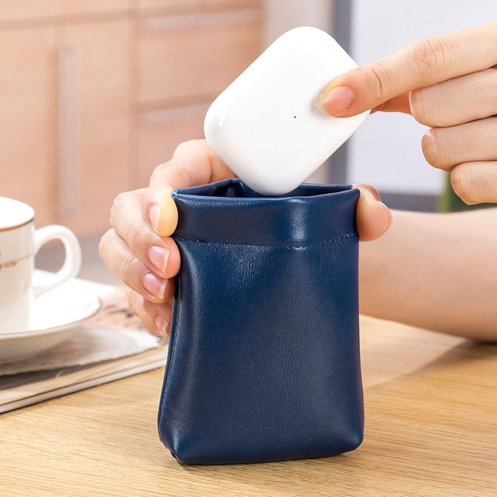 Leather Leaf Spring Earphone Automatic Tight Port Buggy Wireless Coin Purses