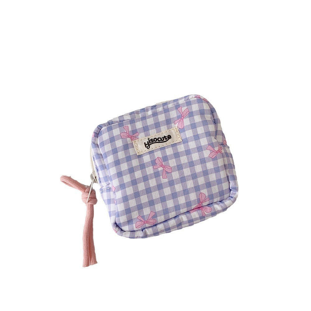 Women's Plaid Bowknot Portable Out Sanitary Napkin Storage Makeup Bag
