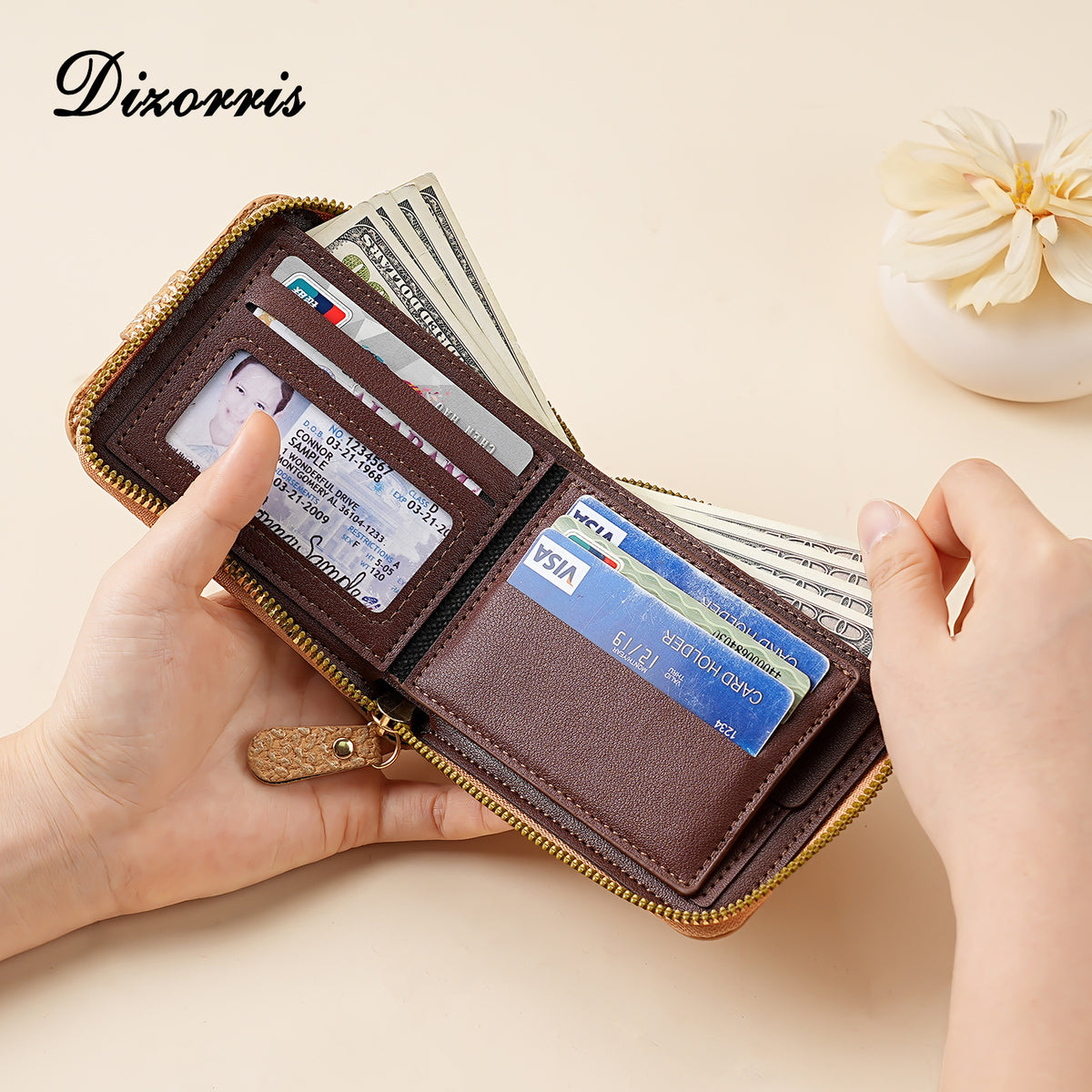 Men's Short Fashion Retro Zipper Hasp Tri Card Holder