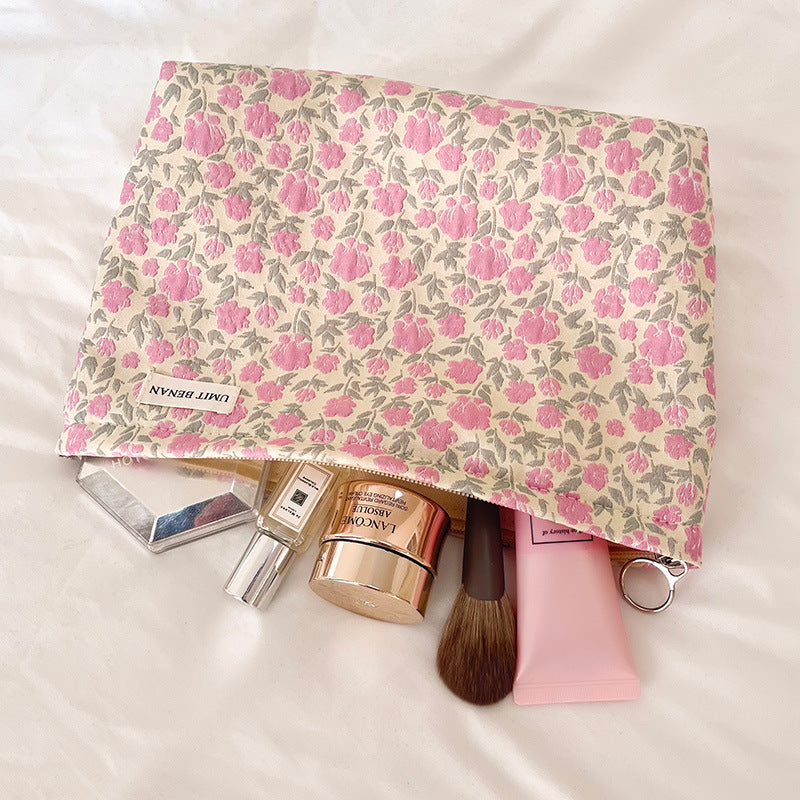 Women's Pink Floral Portable Large Capacity Wash Liner Makeup Bag