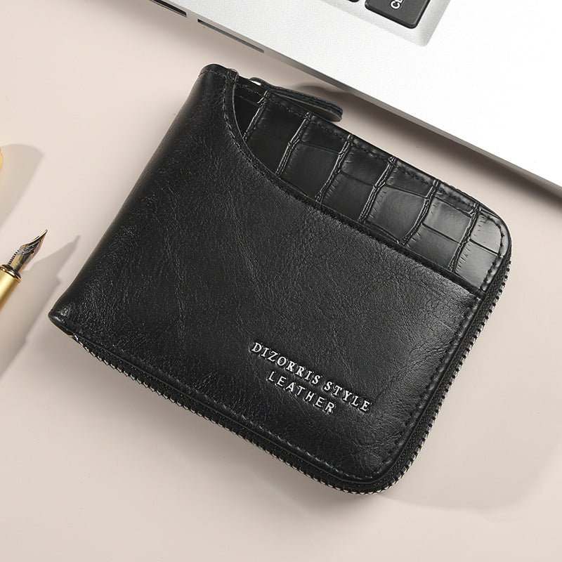 Men's Short Horizontal Zipper Vintage Cubic Men's Wallet