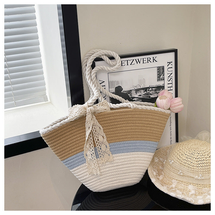 Summer Contrast Color Vacation Beach Mori Leisure Striped Large Capacity Women's Shoulder Bag