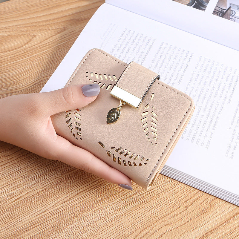 Women's Korean Style Short Zipper Hasp Hollow Leaves Ladies Wallet